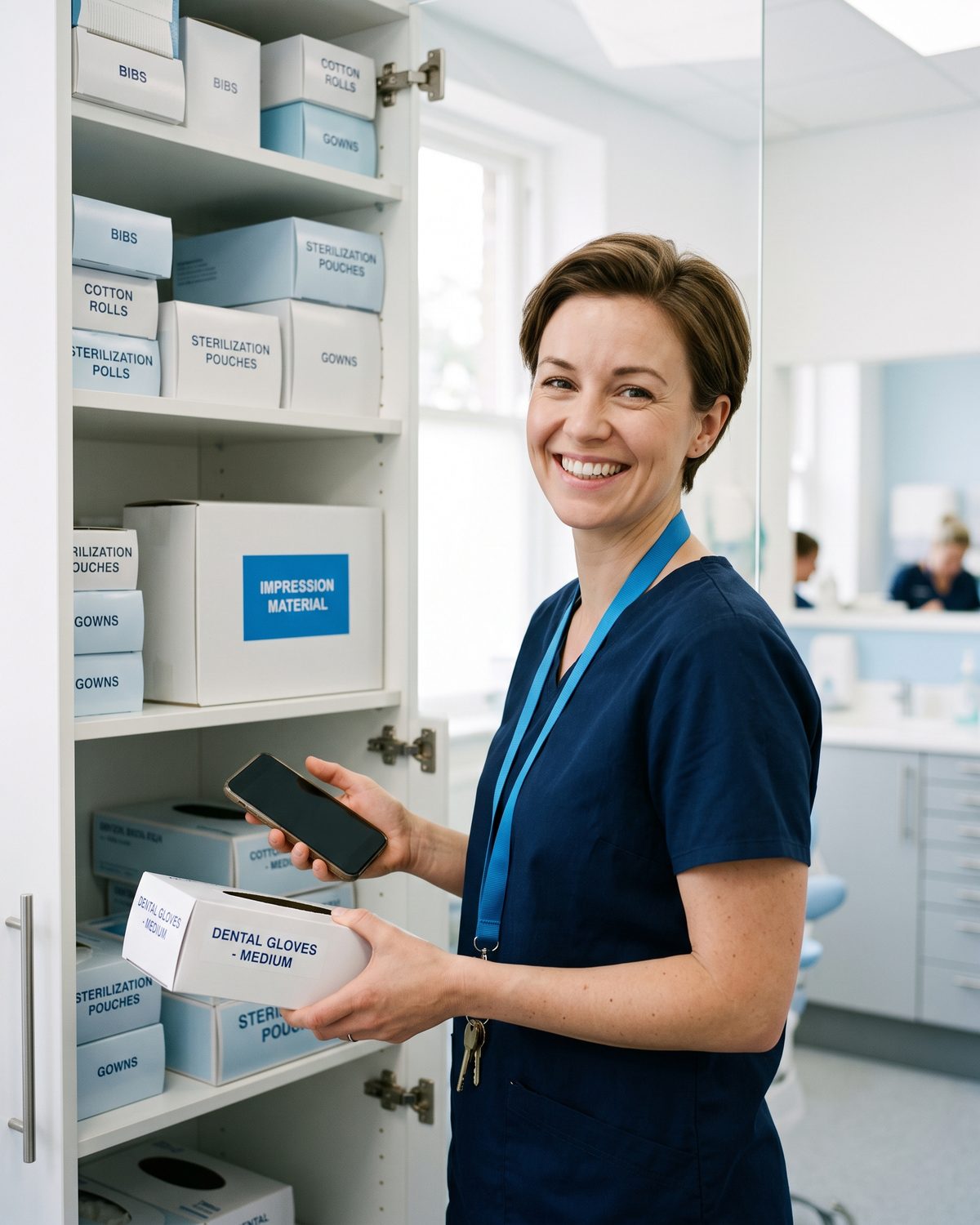 A dental nurse holds a box of gloves and her mobile phone beside a stocked supply cupboard.