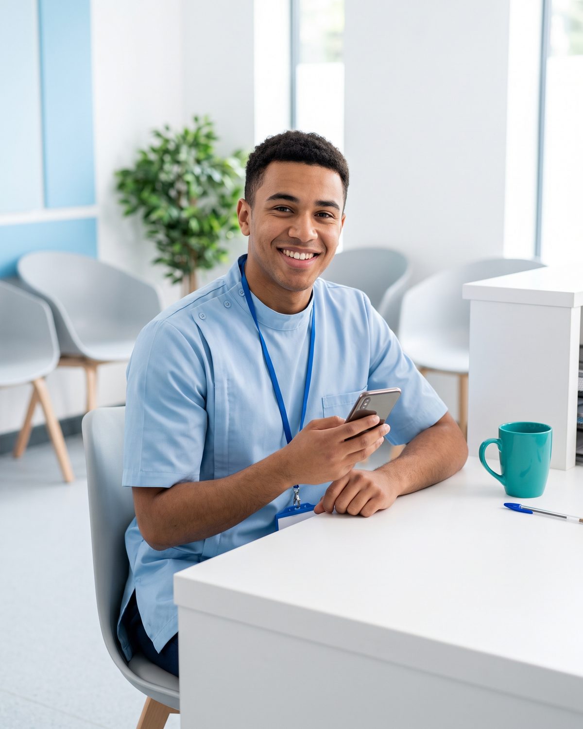 A smiling receptionist holds a mobile phone at the front desk of a dental practice.