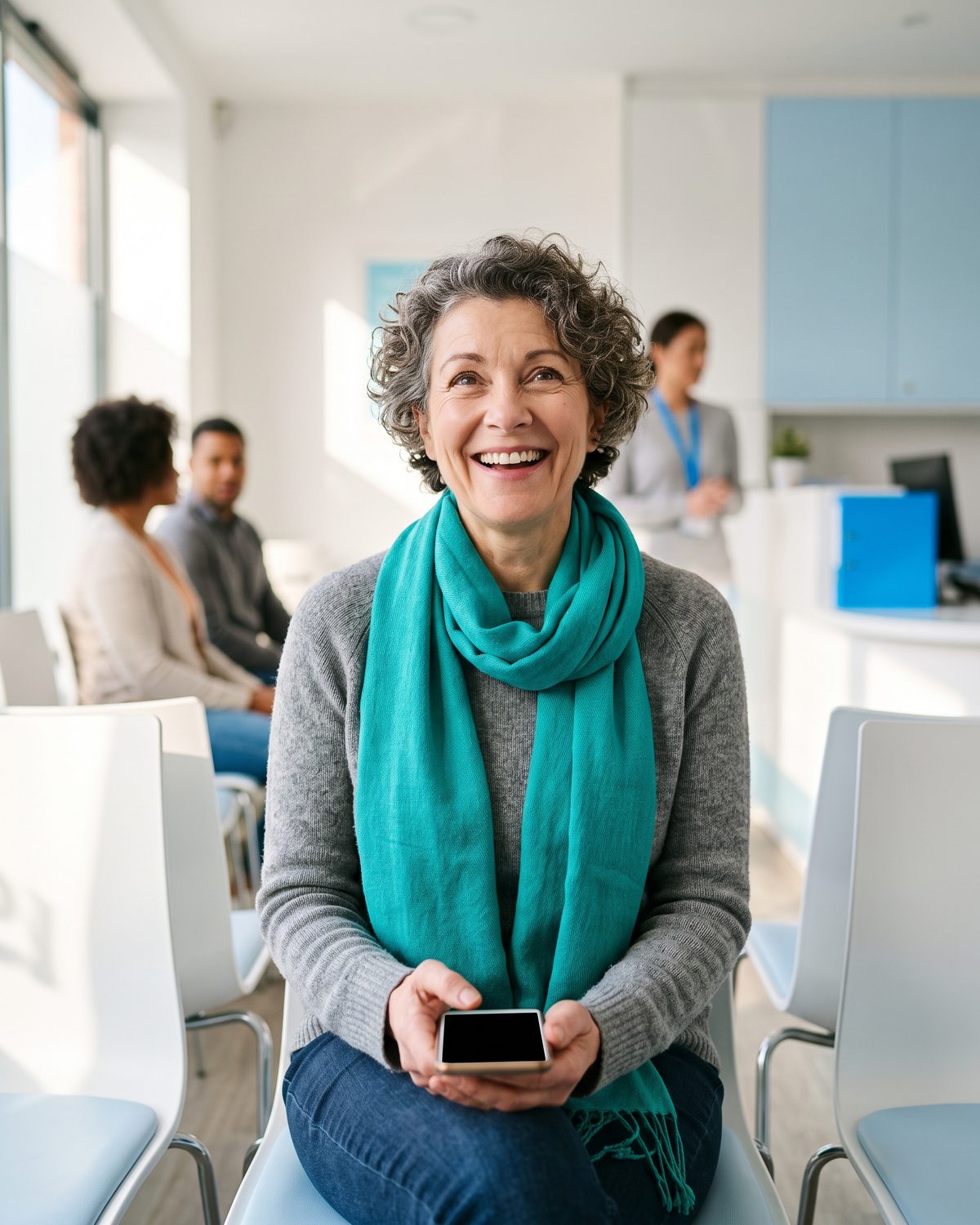 A smiling patient holds her phone in a dental practice waiting room.